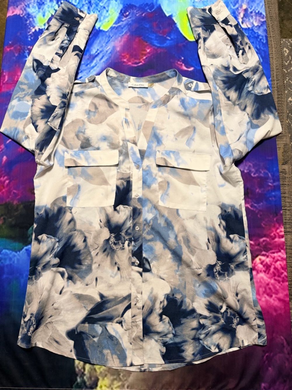 Calvin Klein Blue and Navy Floral Print Blouse